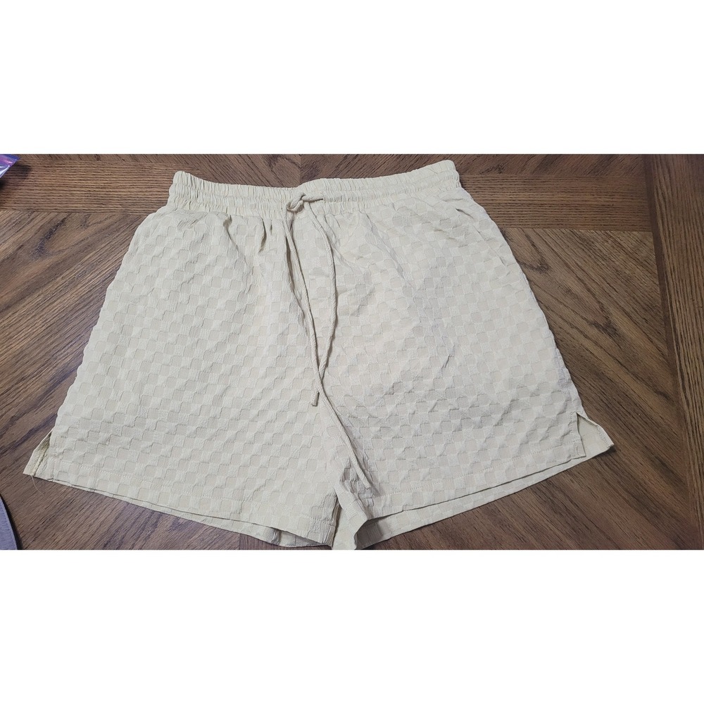 Aureum Cream Beige Checkered Textured Shorts Elastic Waist AB1085 Womens Medium
